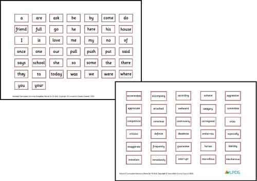 National Curriculum Common Exception & Statutory Word Grids