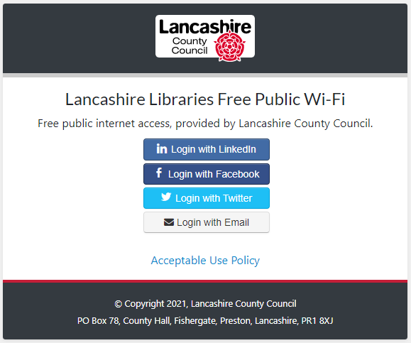 Logon details for Lancashire Libraries free public Wi-Fi with LinkedIn, Facebook, Twitter and Email logos.