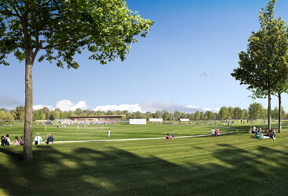 A computer generated image of people watching cricket on one of the pitches with trees in the foreground and the pavilion in the background.