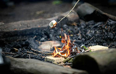 Toasting marshmallows on an open fire.
