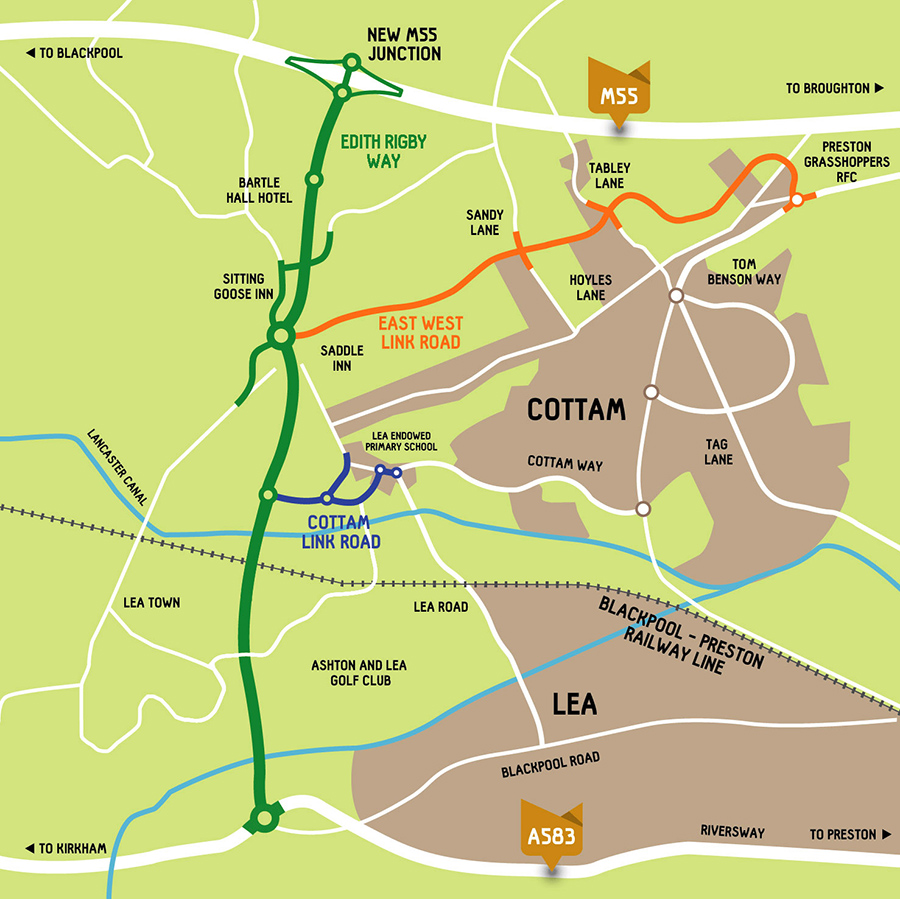 A map showing the route of the new roads, to the west of Lea and Cottam, and the new M55 motorway junction.