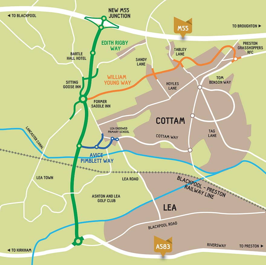 A map showing the route of the new roads, to the west of Lea and Cottam, and the new M55 motorway junction.