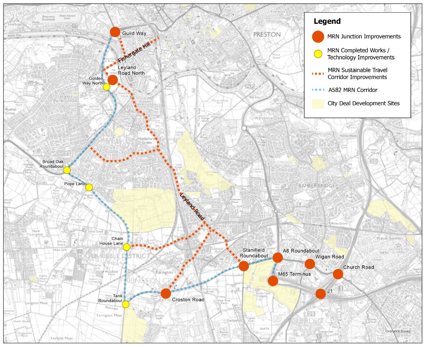 Map of the A582 major roads network