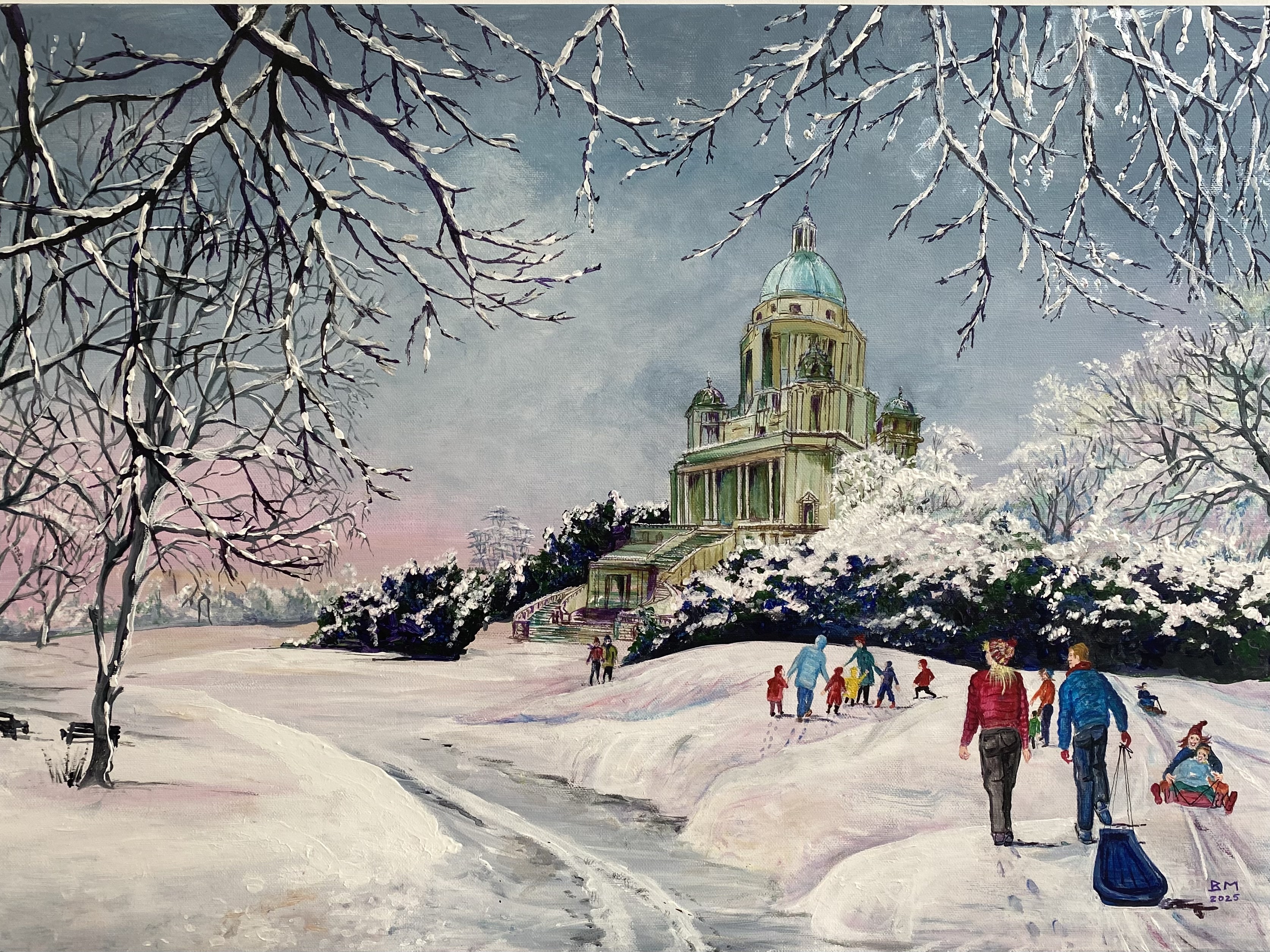 Fun in the snow at Ashton Memorial, Lancaster by Beryl Masters
