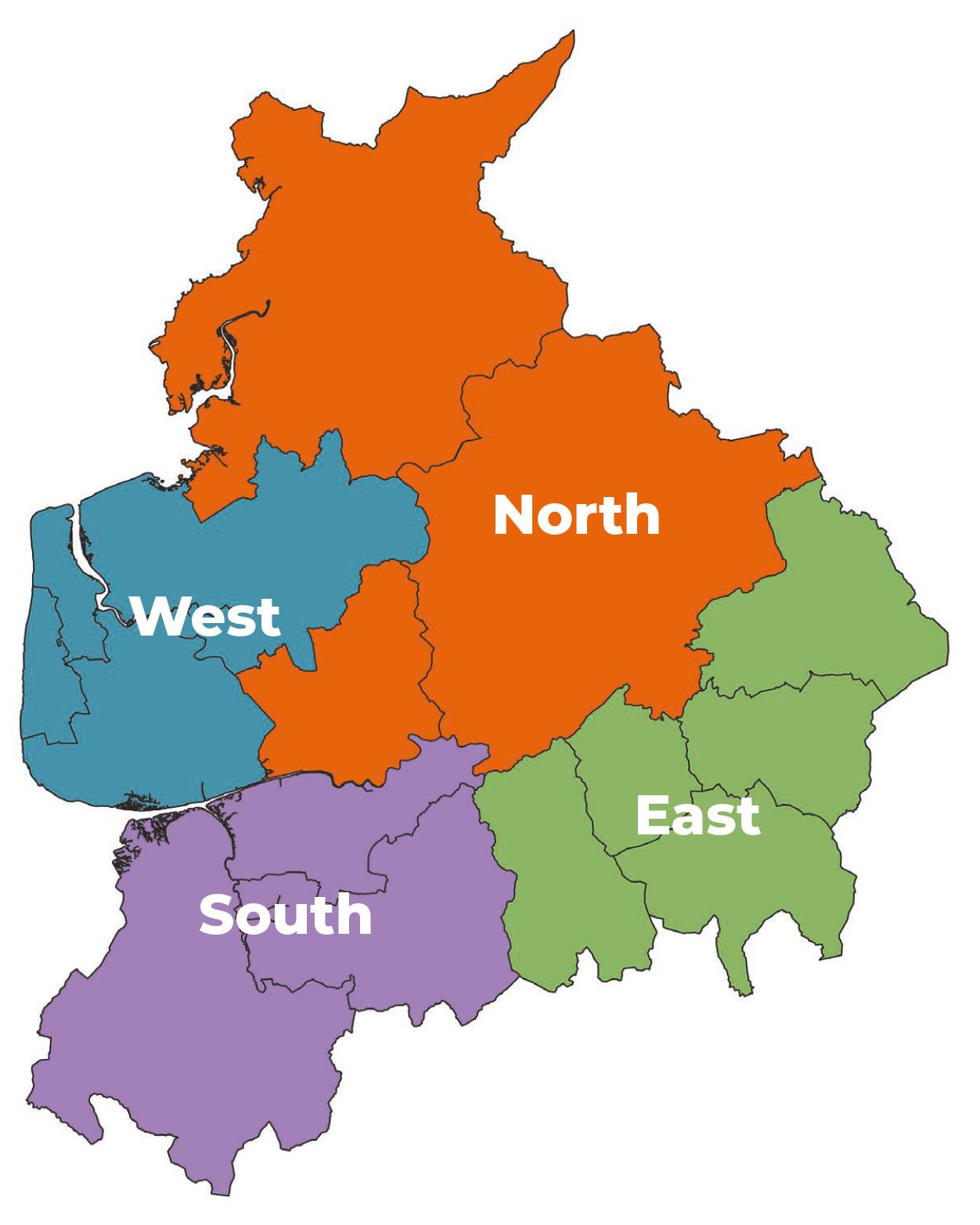 Map of Lancashire split into North, East, South and West areas