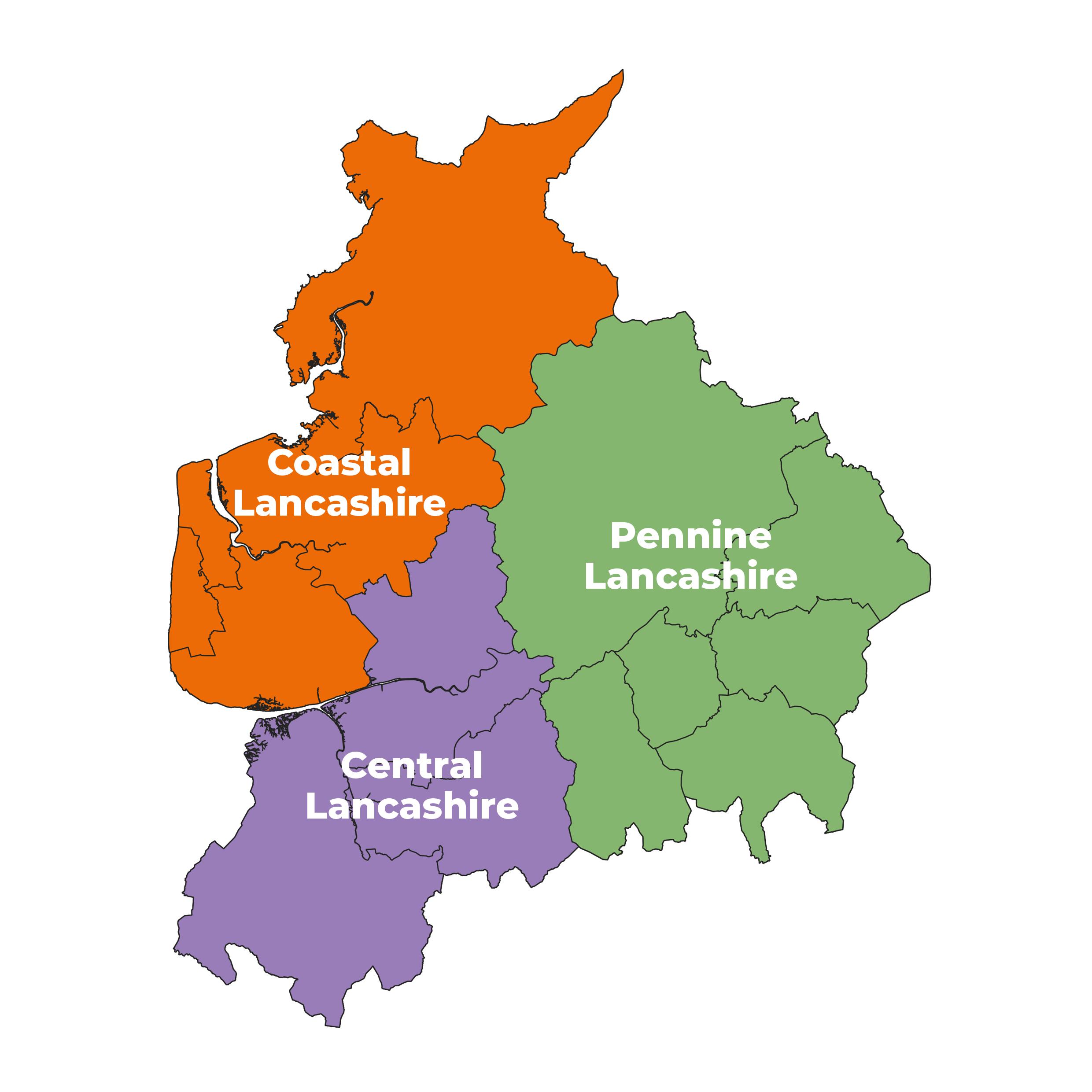 Map of Lancashire split into Coastal Lancashire, Pennine Lancashire and Central Lancashire
