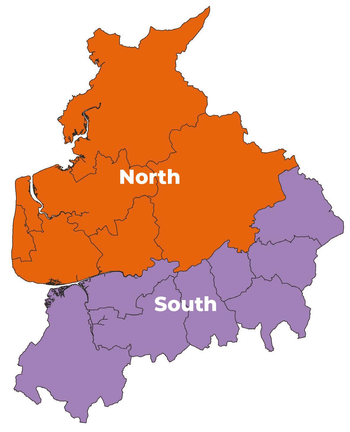 Map of Lancashire split into North and South areas