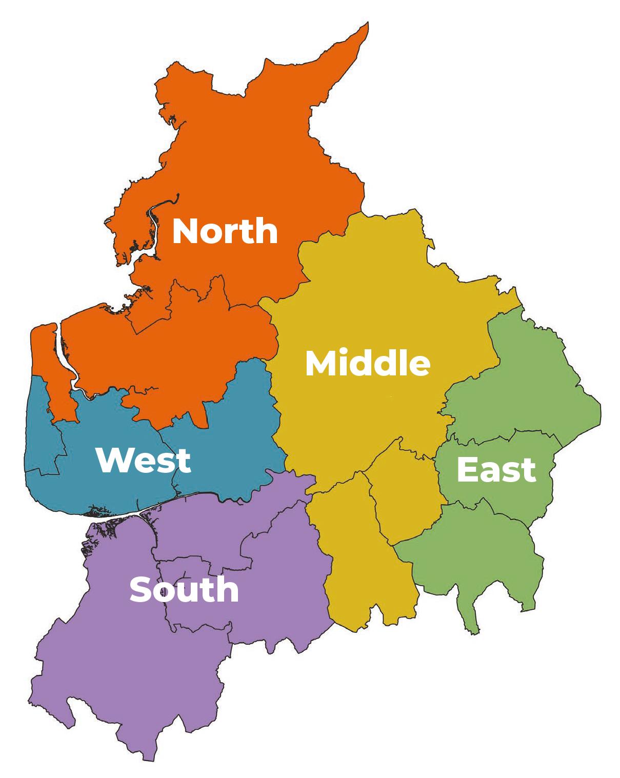 Map of Lancashire split into North, Middle, East, South and West Lancashire