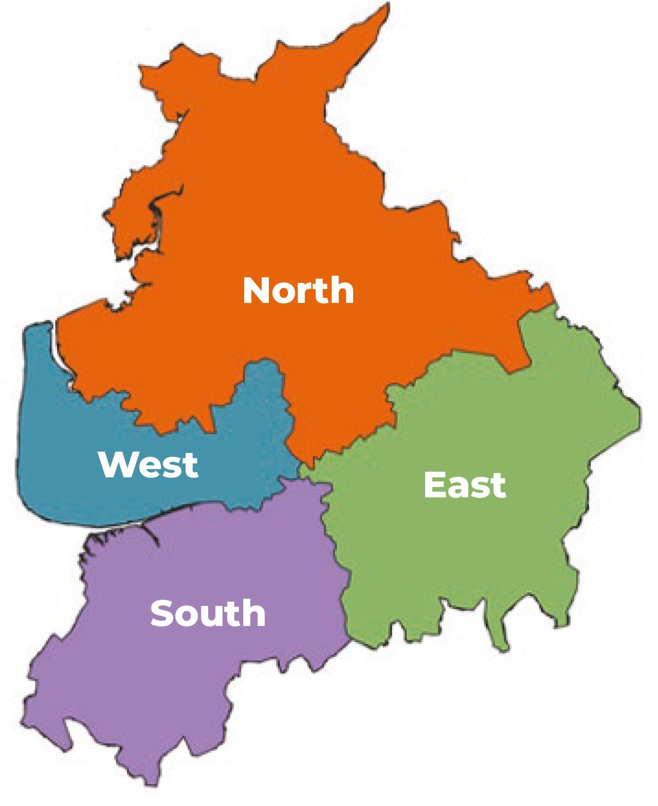 Map of Lancashire, split into North, East South and West areas