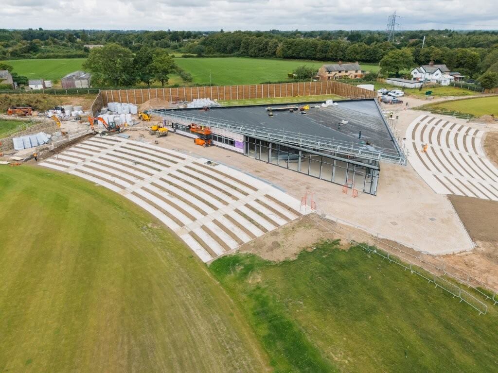 Drone shot of the pavillion and pitches under construction